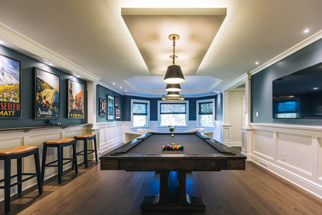 An elegant room with pool table part of an entertainment room design build remodeling project in Pittsburgh