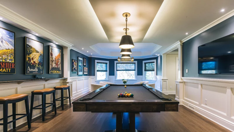 An elegant room with pool table part of an entertainment room design build remodeling project in Pittsburgh