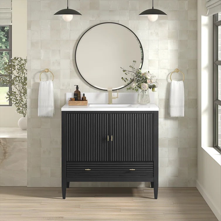 A fresh white modern bathroom with a charcoal gray color bathroom vanity