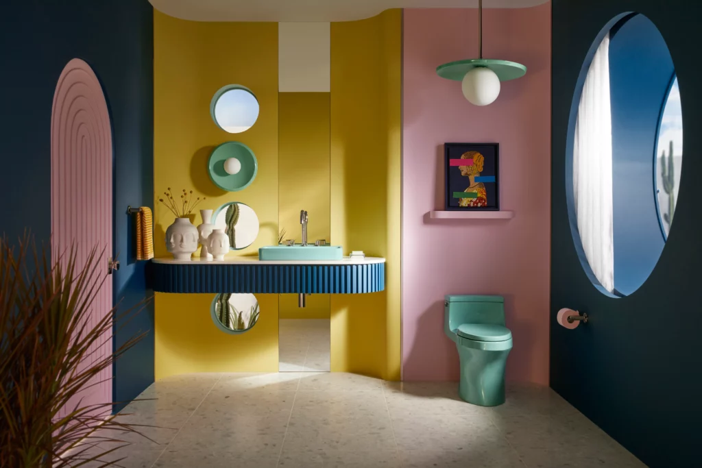 A colorful modern bathroom showcasing navy blue color bathroom vanity